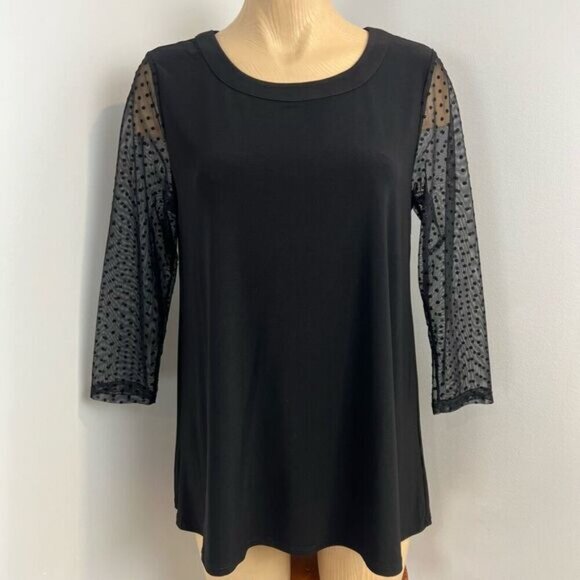 Vintage Anne Klein Women’s Medium Black Sheer Sleeves Blouse Top Shirt Polka - Picture 2 of 13